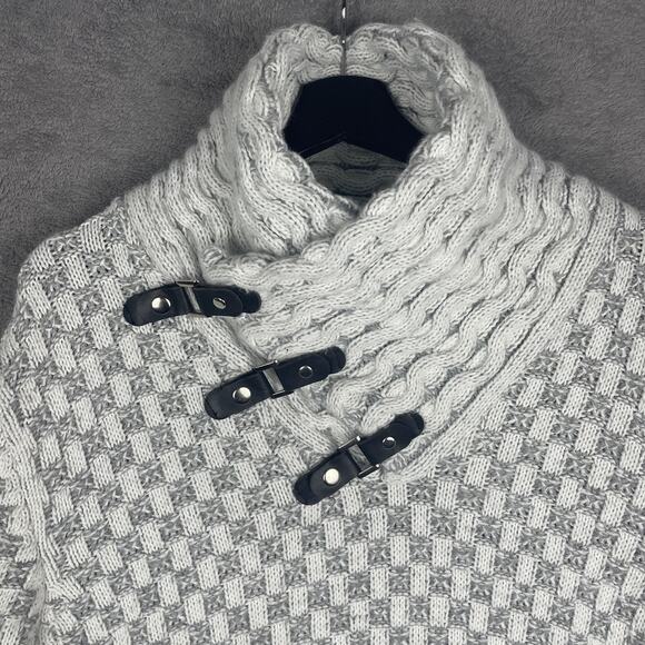 Leif Nelson Mens Large Gray Shawl Collar Toggle Chunky Cable Knit Sweater Cozy - Picture 2 of 12